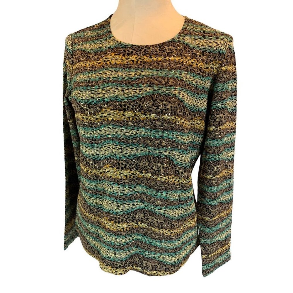 Small Laura Ashley Textured Gold Brown Women's Pullover Top Long Sleeve Stretch